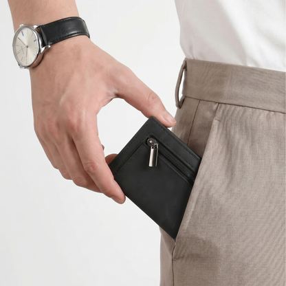 Slim wallet slipping easily into a trouser pocket