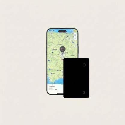Vault Tracking Card shown next to an iPhone displaying its live location
