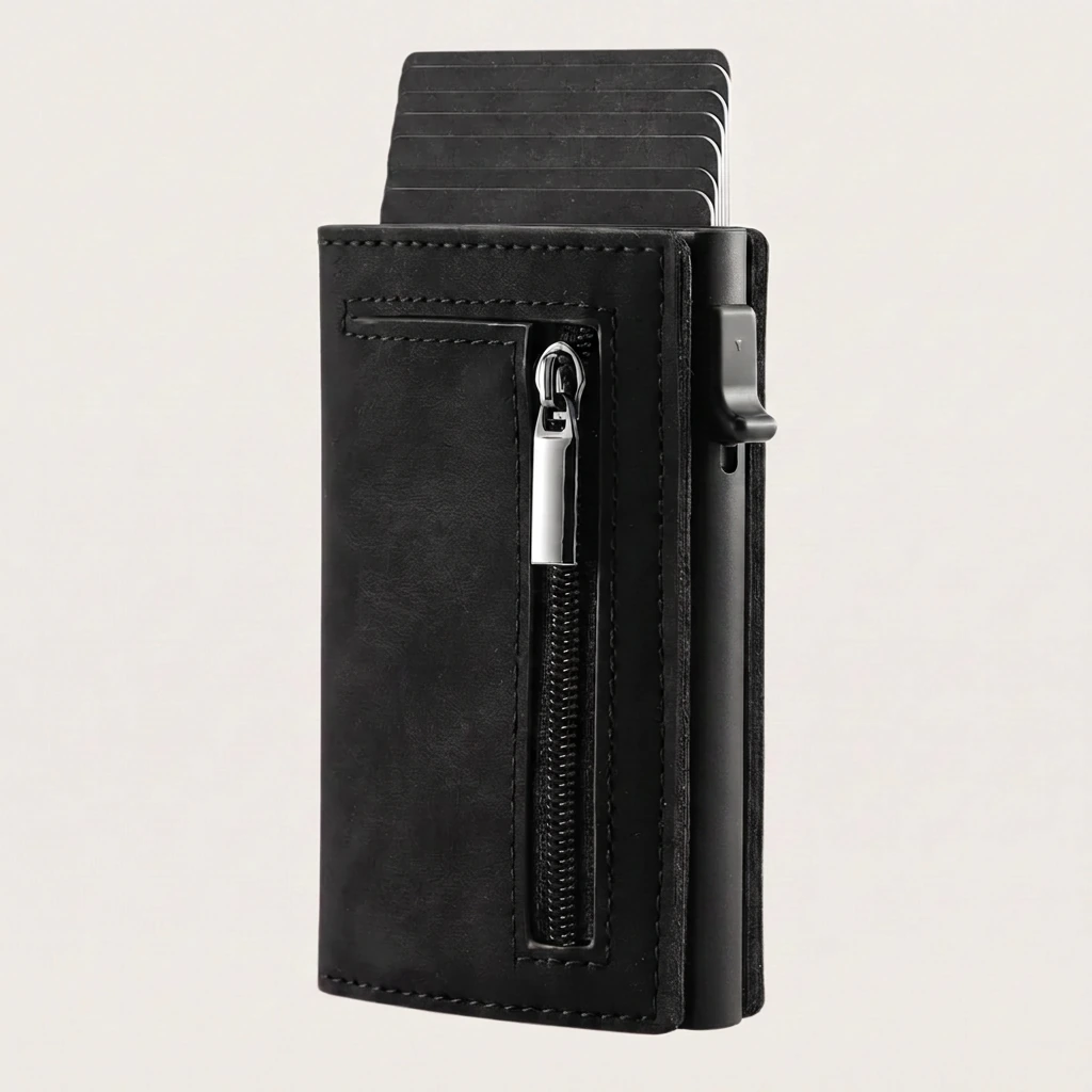 Vault Wallet 2.0 in black leather with pop-up card holder and zip coin pocket
