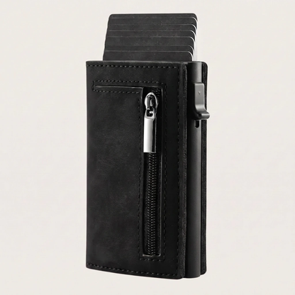 Vault Wallet 2.0 in black leather with pop-up card holder and zip coin pocket