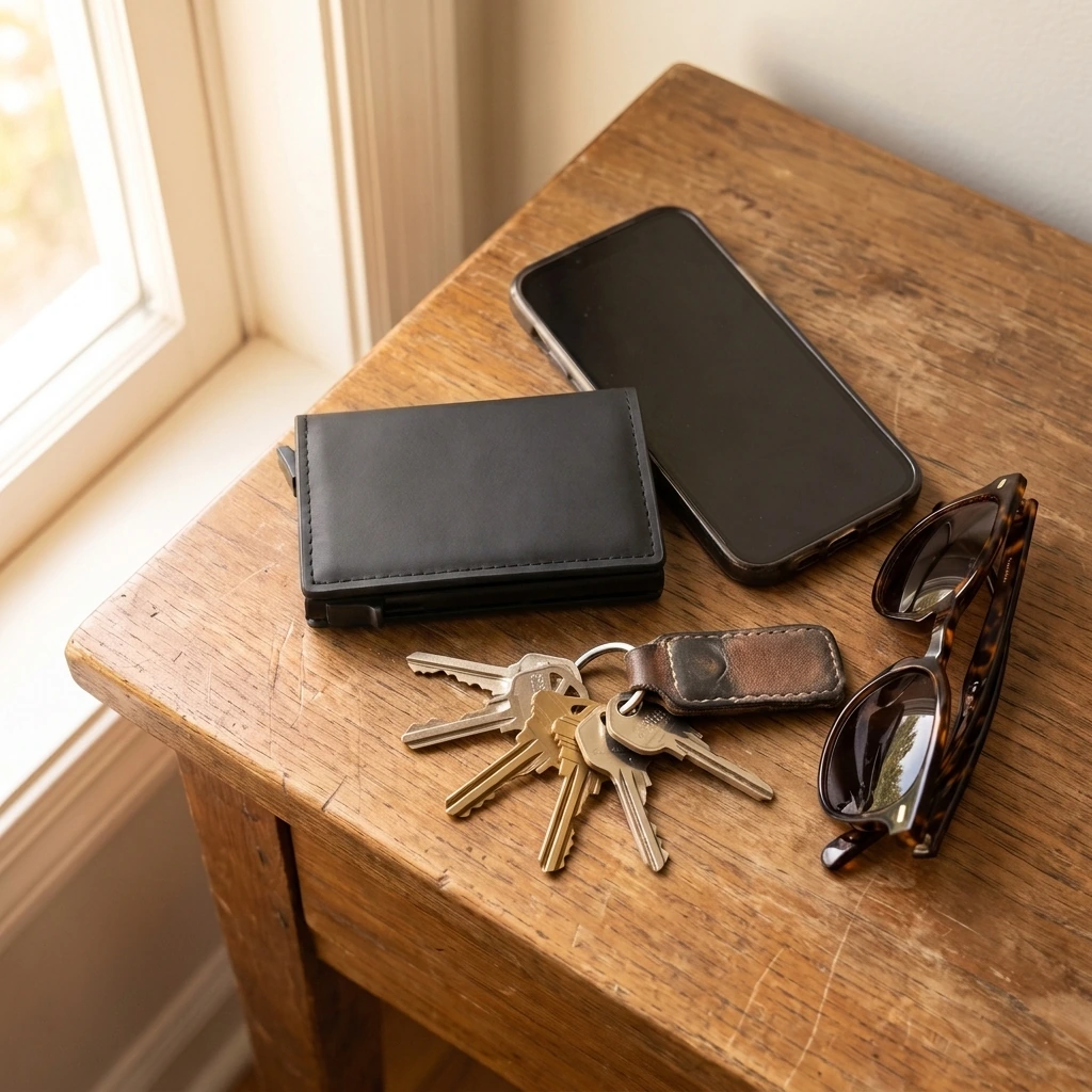 Wallet on a table with keys, phone and sunglasses