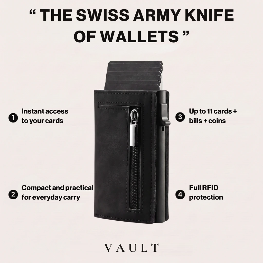 The Swiss army knife of wallets: instant card access, compact carry, up to 11 cards plus bills and coins, full RFID protection