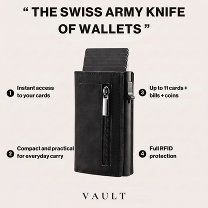The Swiss army knife of wallets: instant card access, compact carry, up to 11 cards plus bills and coins, full RFID protection