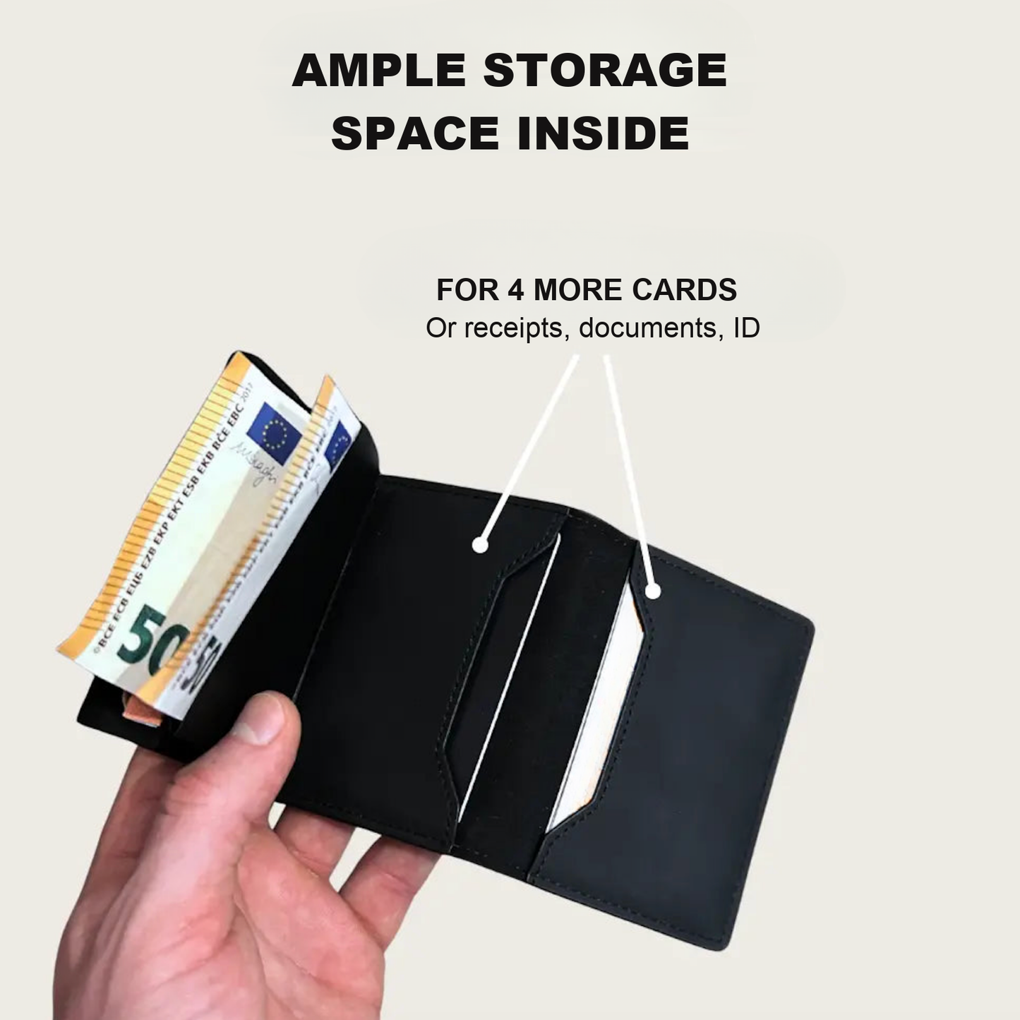 Ample storage space inside for 4 more cards, receipts, documents or ID