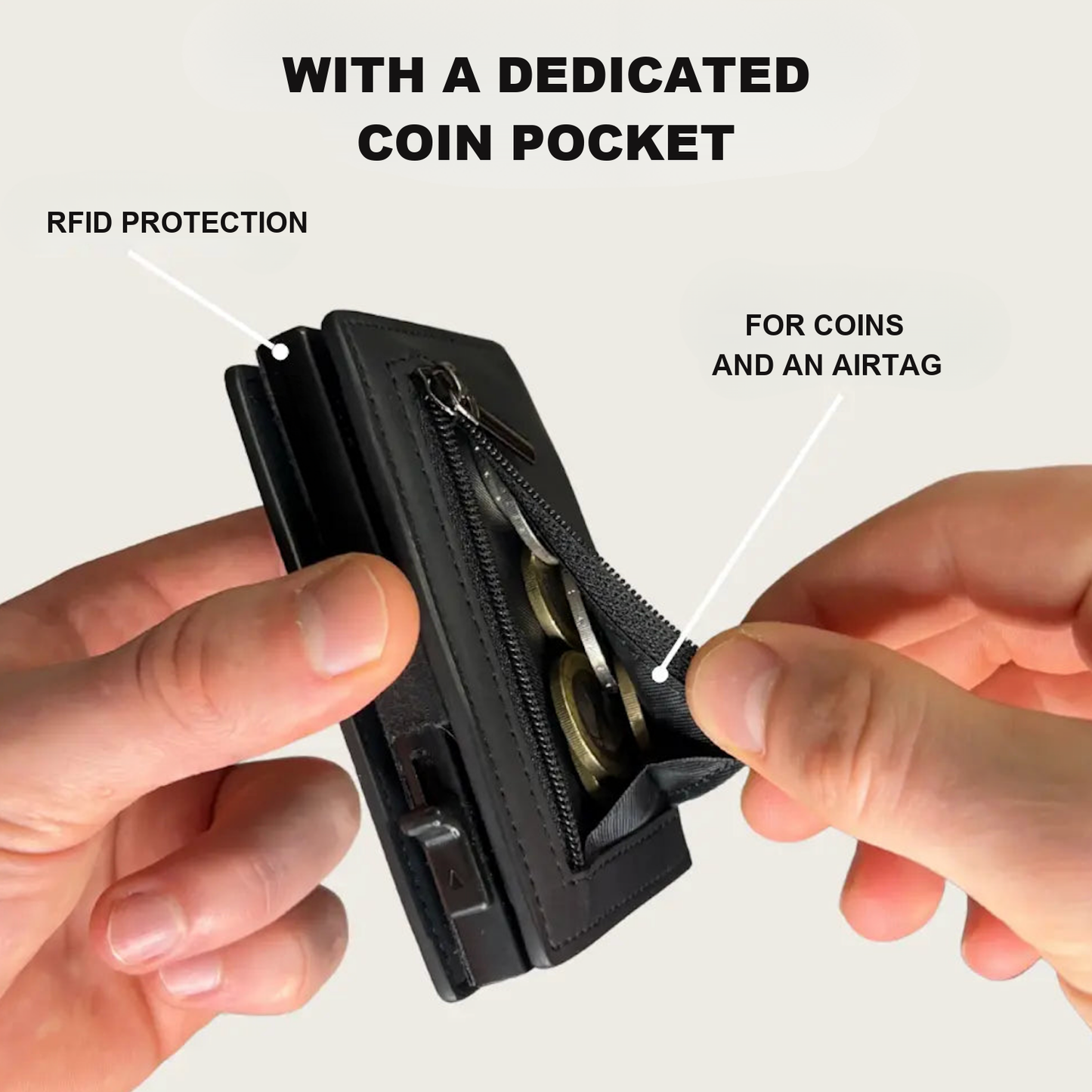 Dedicated zipped coin pocket that also fits an AirTag, with RFID protection