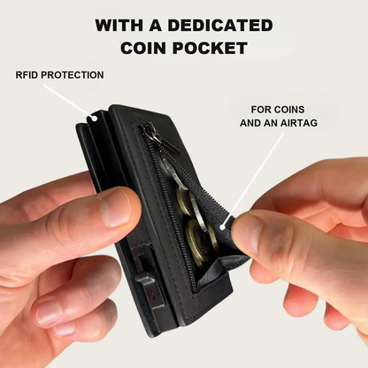 Dedicated zipped coin pocket that also fits an AirTag, with RFID protection